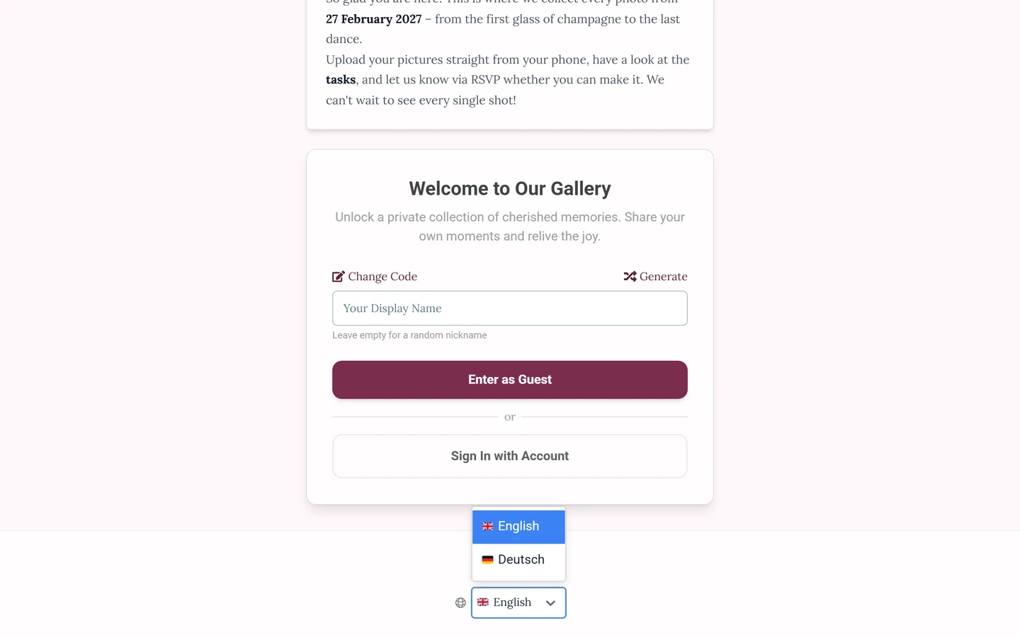 Footer of the join page with the globe icon and the opened language list