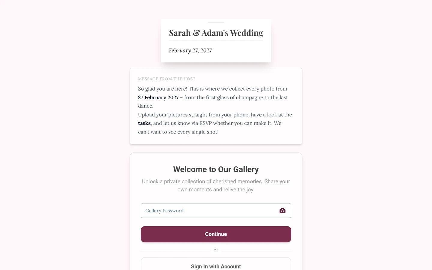 Welcome screen with the Gallery Password field, a camera icon inside it and the Continue button