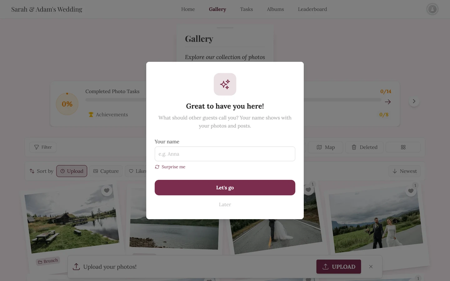 Dialog “Great to have you here!” with a sparkles icon, the Your name field, Surprise me, Let’s go and Later