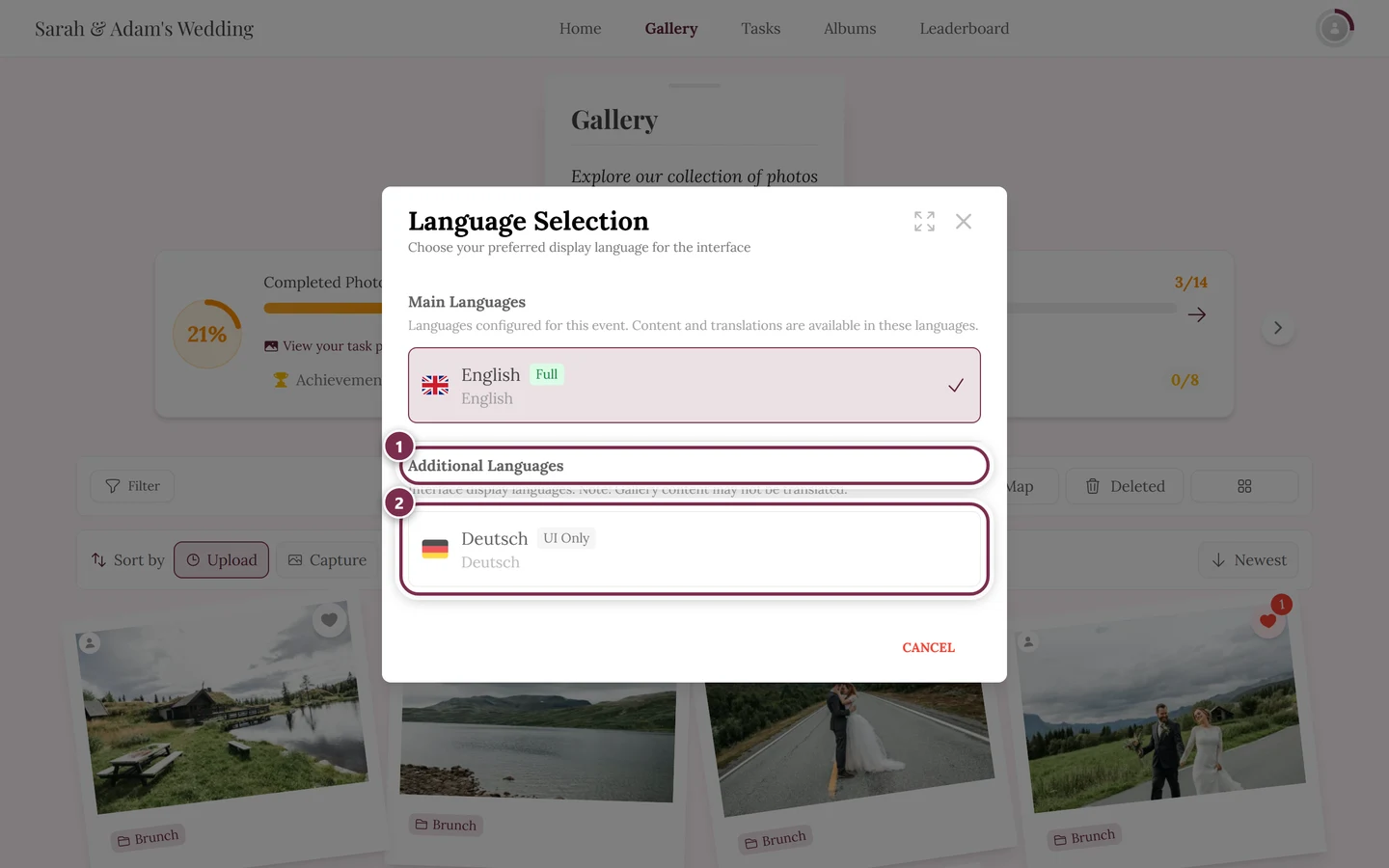 Language dialog with the Additional Languages group and a row carrying the UI Only badge highlighted