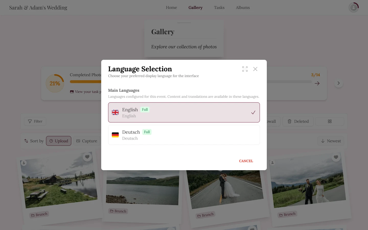 Language dialog with main languages, Full badges and a check mark on the active language