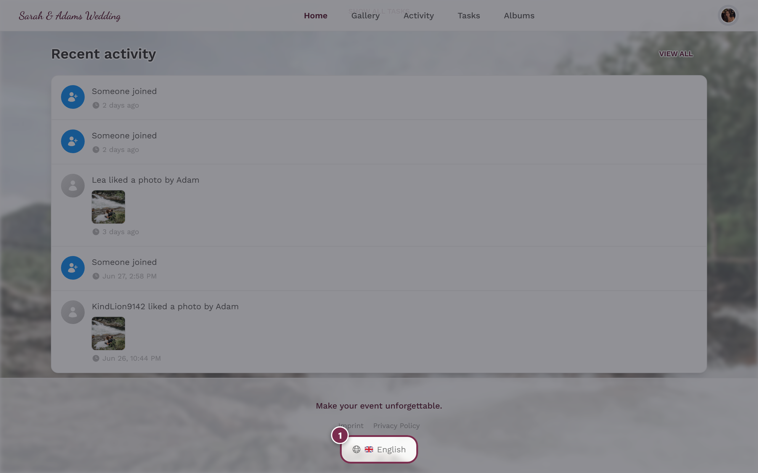 Language button in the footer with globe icon highlighted