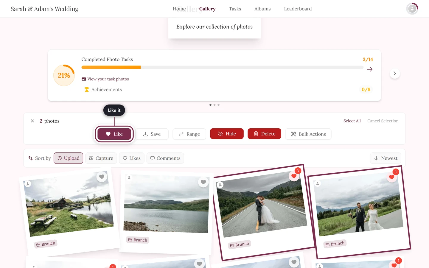 Gallery in selection mode with two selected photos and the Like button in the action bar highlighted