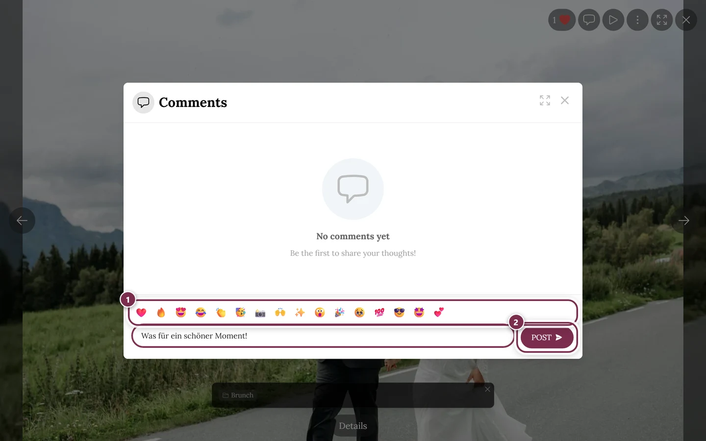 Comment area of a photo with text typed in, the emoji bar and the Post button highlighted