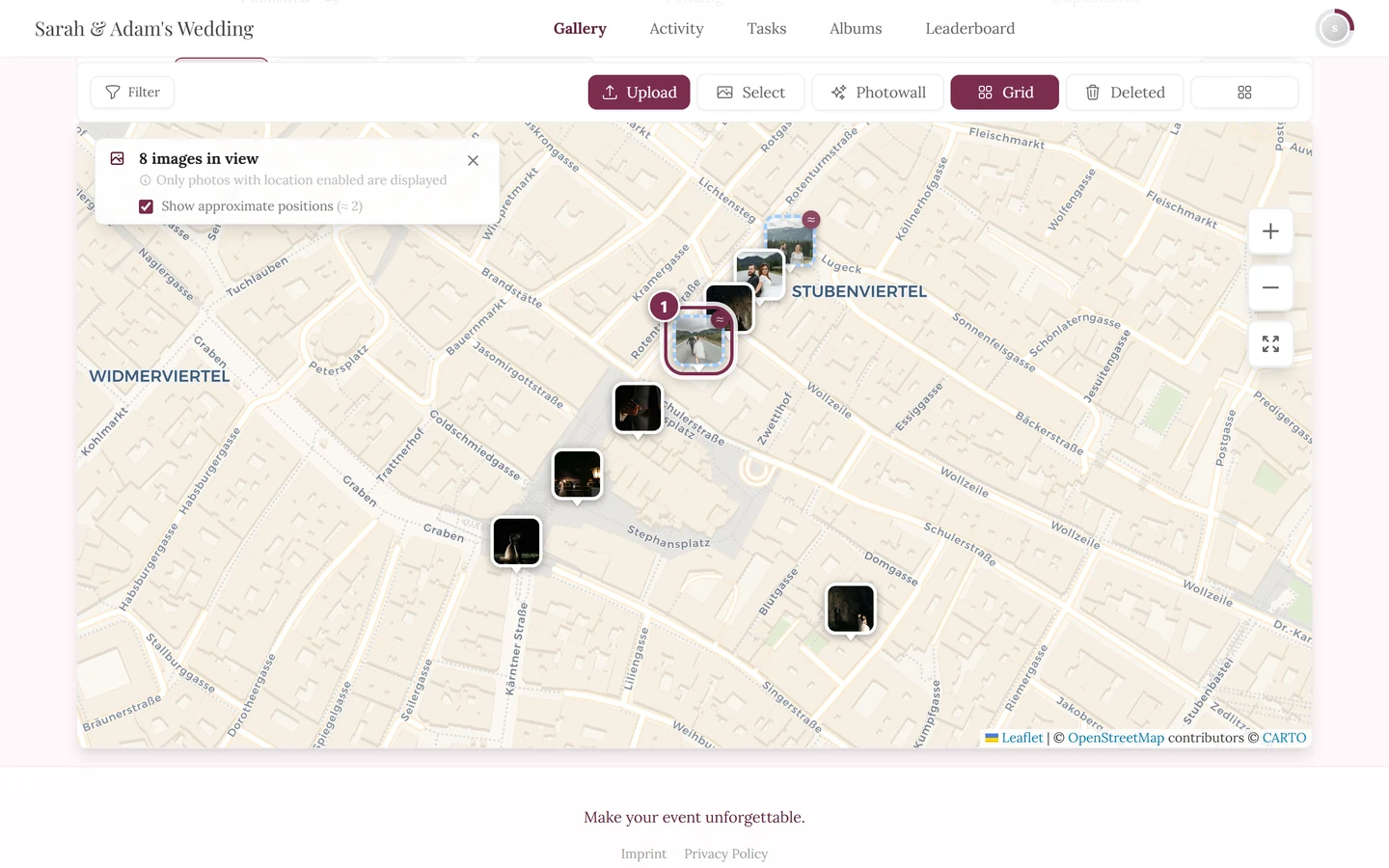 Zoomed-in map with a highlighted photo marker showing a dashed border and ≈ badge