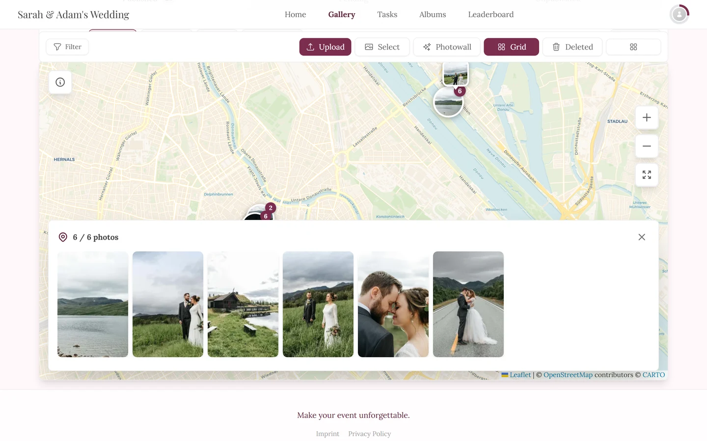 Map with the preview panel open at the bottom showing three photos side by side