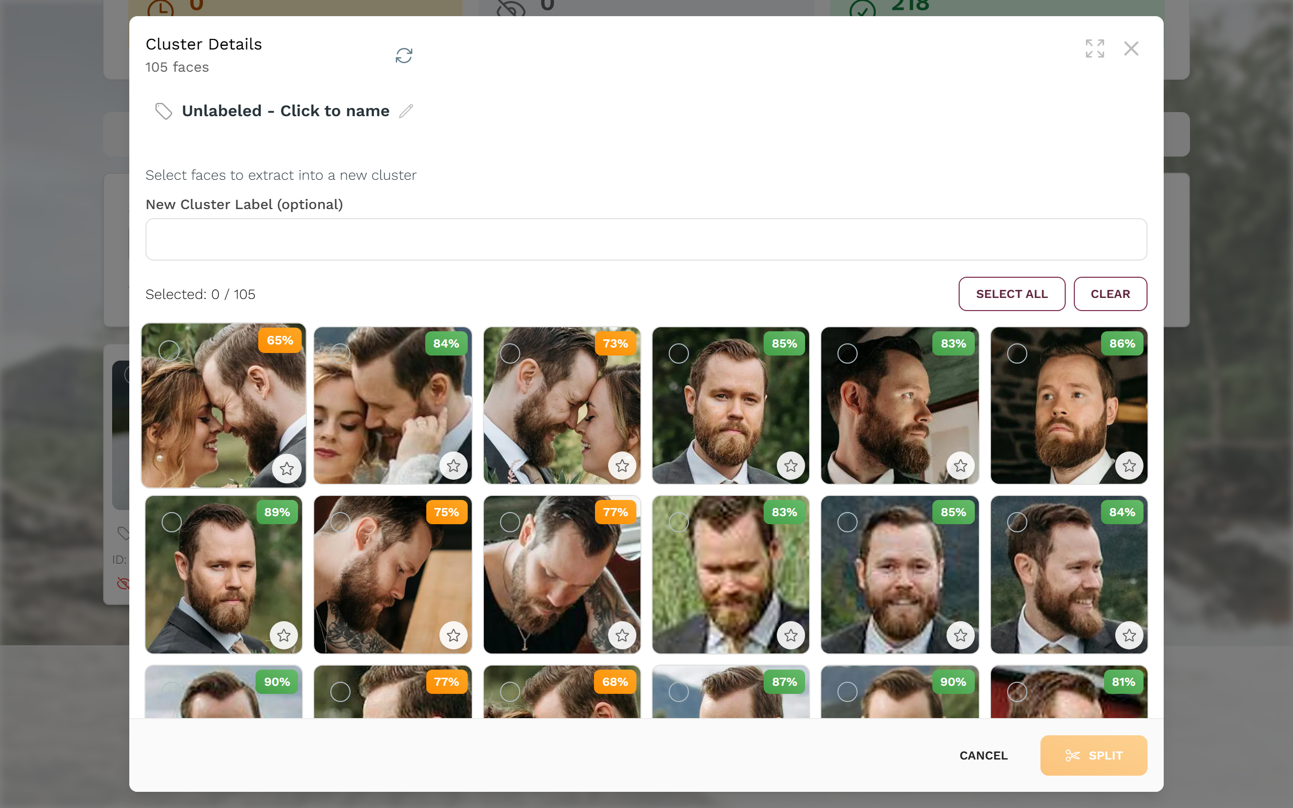 Cluster details dialog with selectable faces, confidence percentages and the Split and cover-image buttons