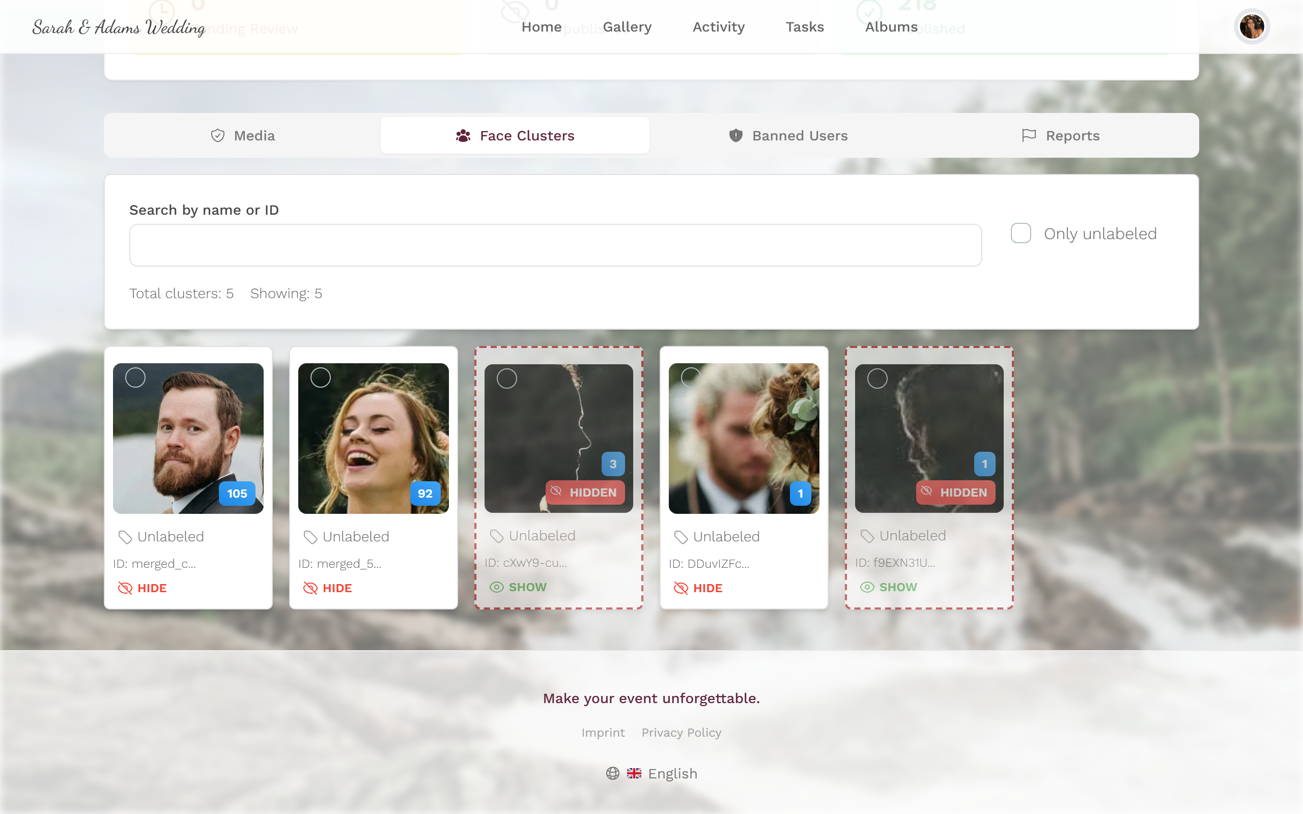 Face cluster manager with search field, filter and cluster tiles