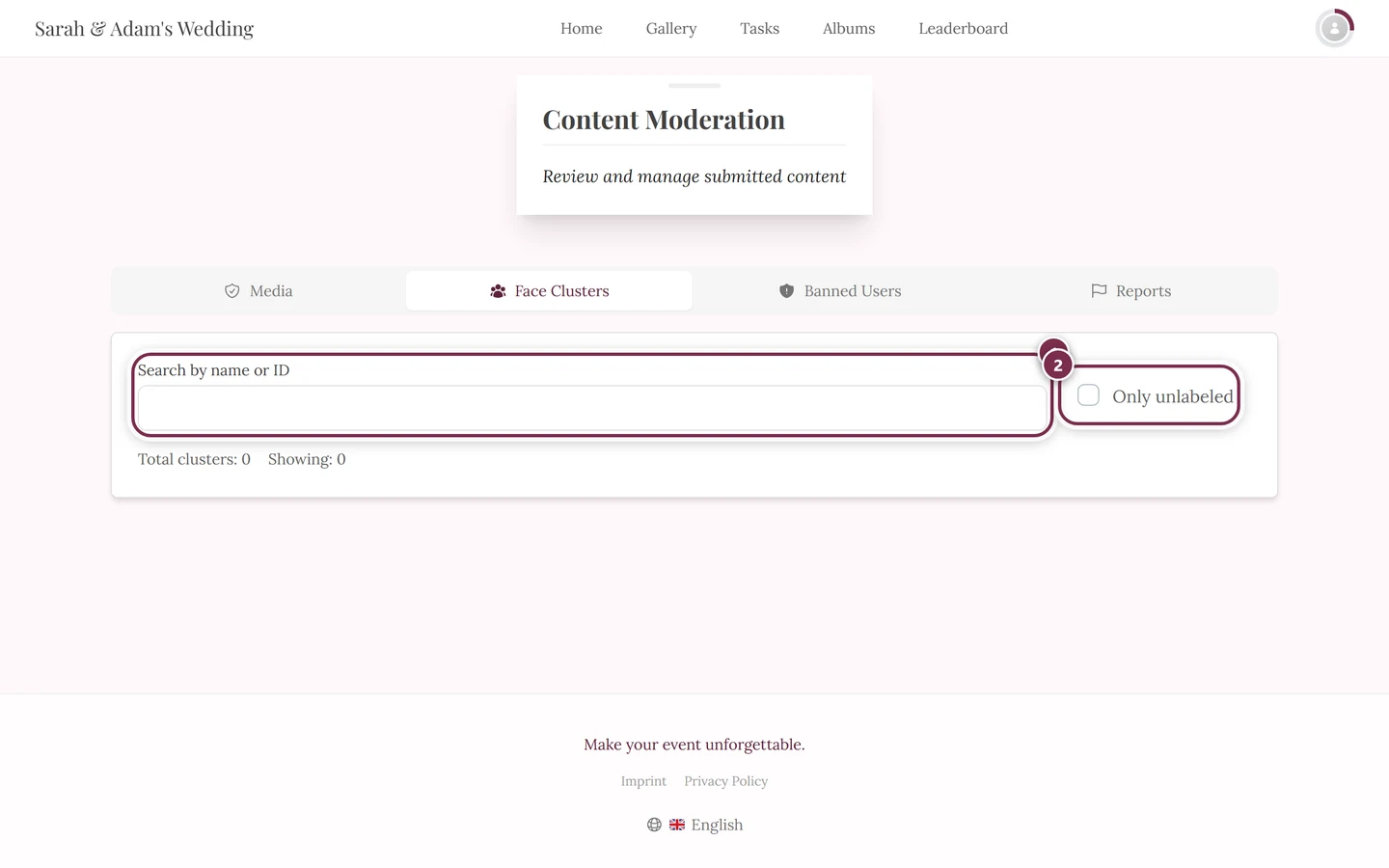 Toolbar of the cluster manager with the search field and the Only unlabeled checkbox highlighted