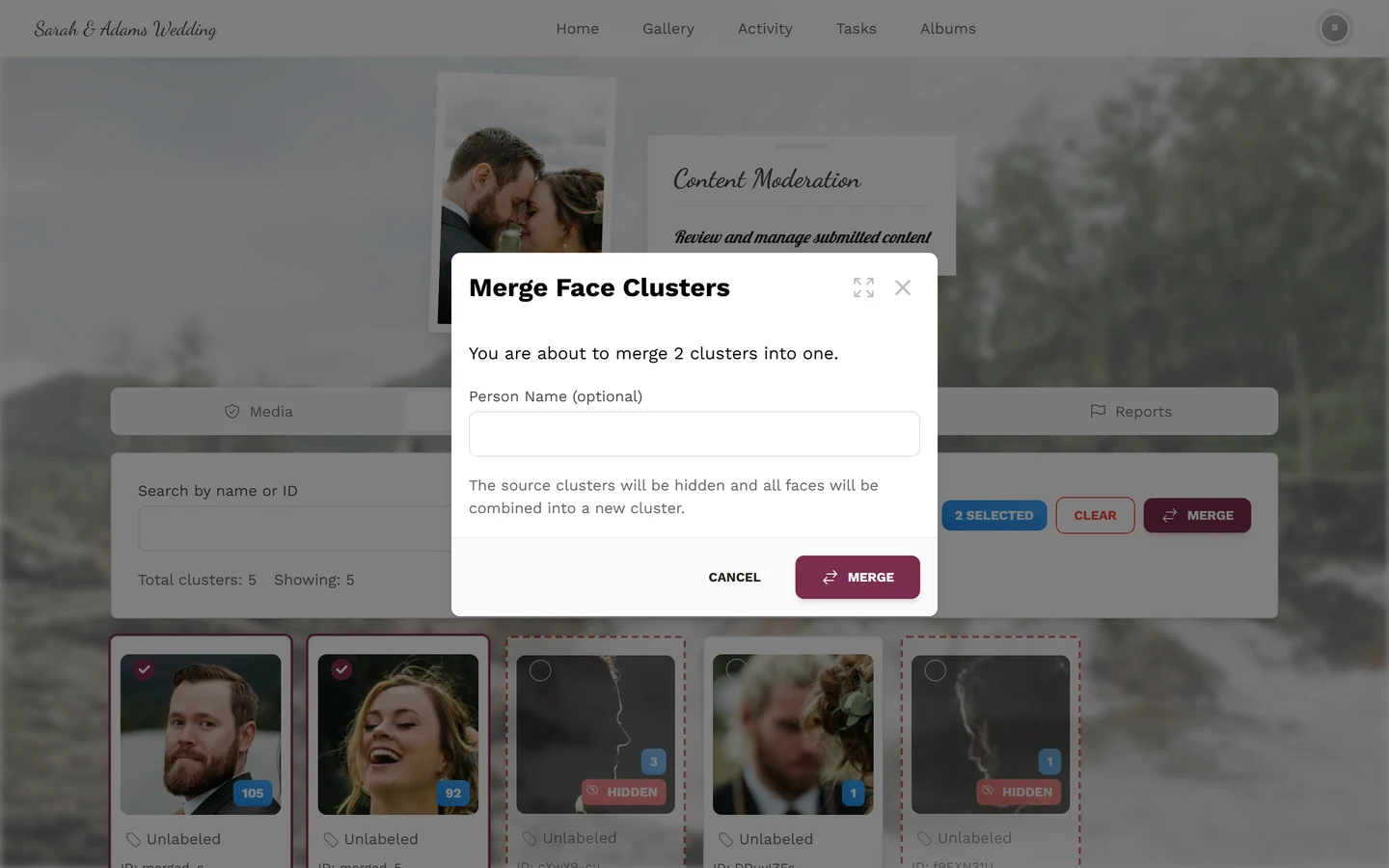 Merge Face Clusters dialog with the number of clusters, the Person Name (optional) field and the Cancel and Merge buttons