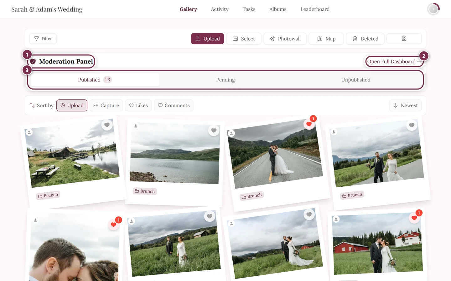 Moderation panel above the gallery's photo grid on desktop with heading, dashboard link and status filter