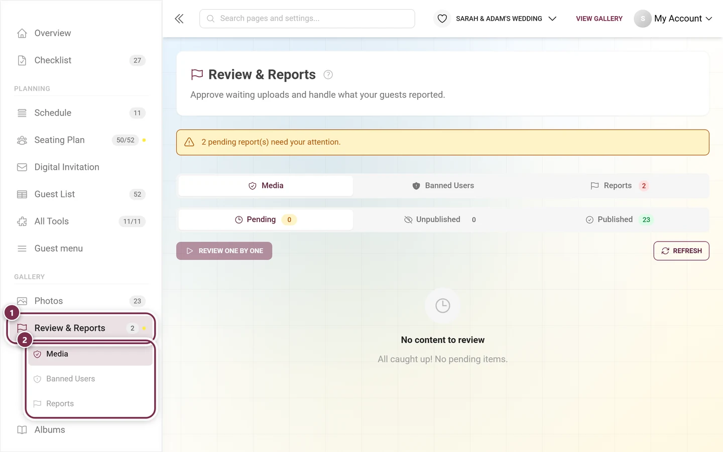 Admin area sidebar with the Review and Reports entry and its sub-entries marked