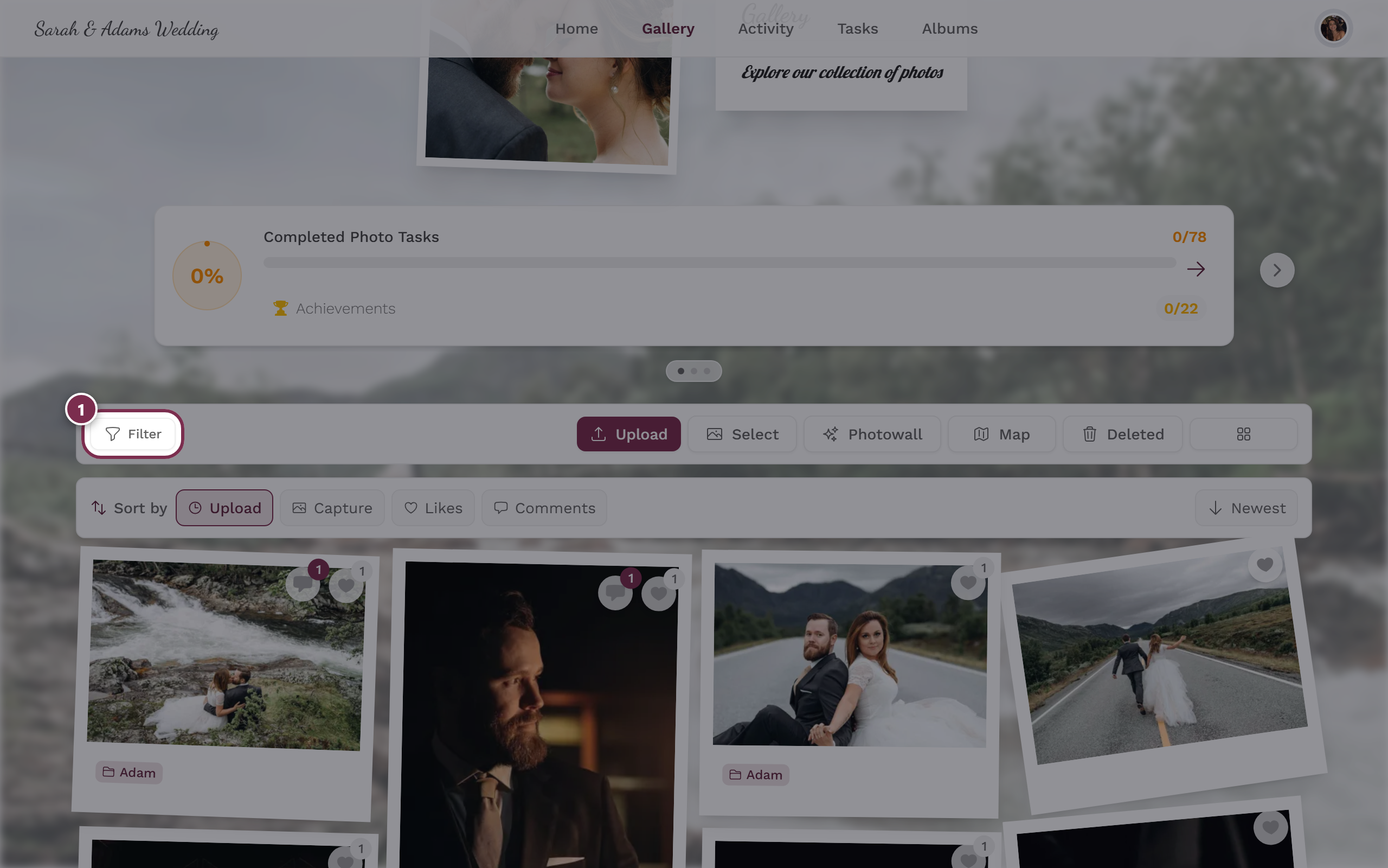 Gallery toolbar with the Filter, Upload, Select, Photo Wall and Map buttons