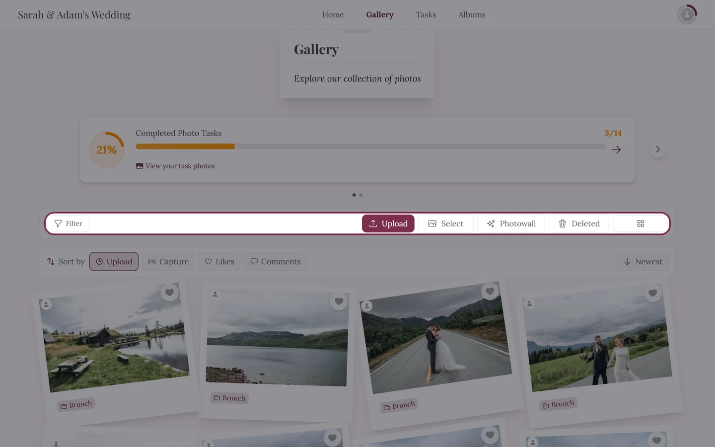 Gallery toolbar with Filter, Upload, Select, Photowall and Map