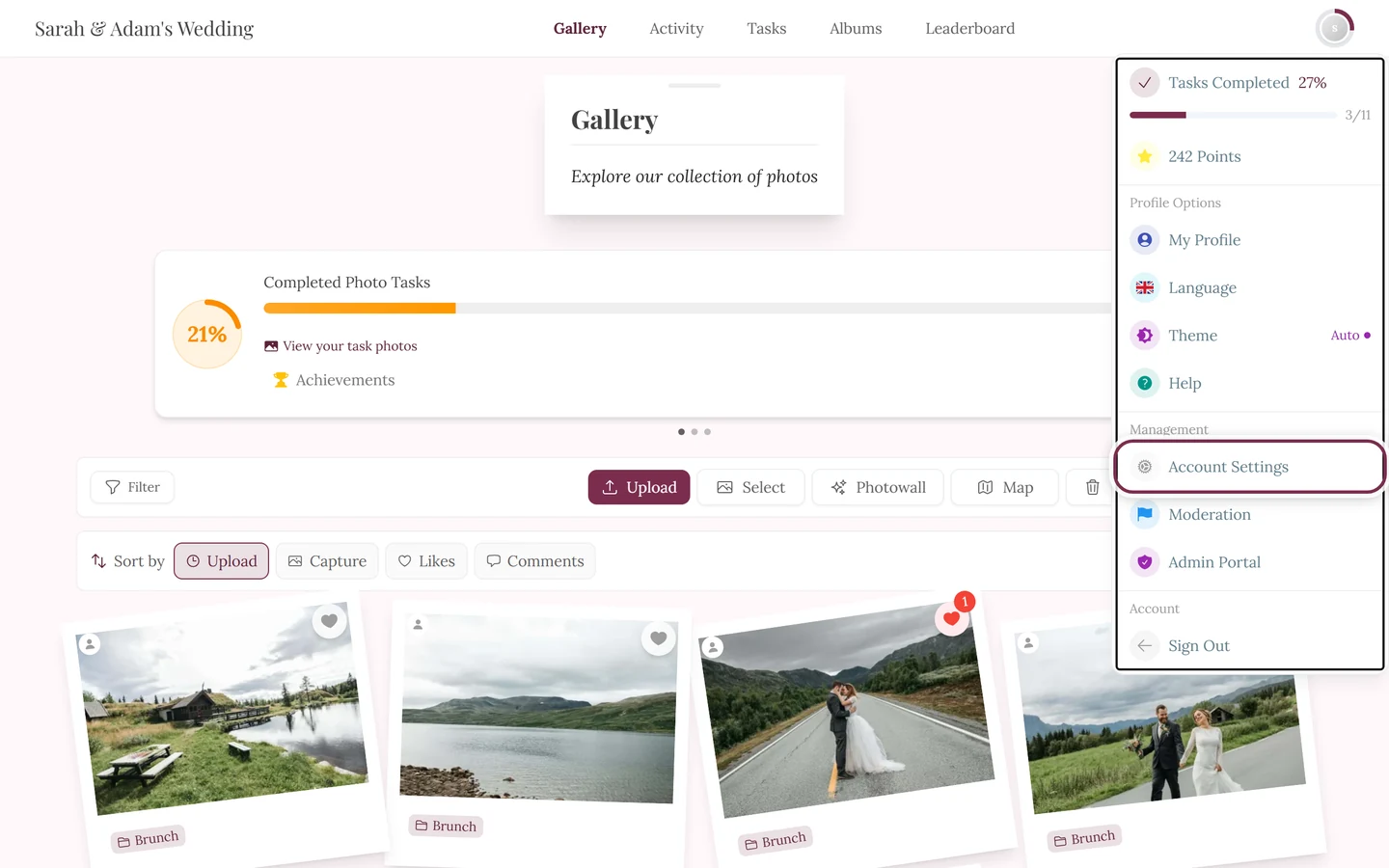 Profile menu at the top right with the Account Settings entry highlighted