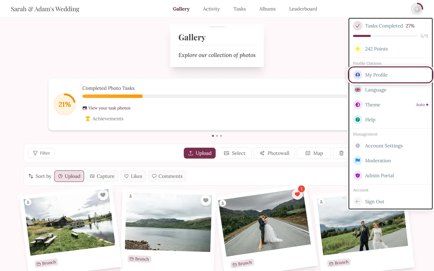 Profile menu open in the top right with the My Profile entry highlighted