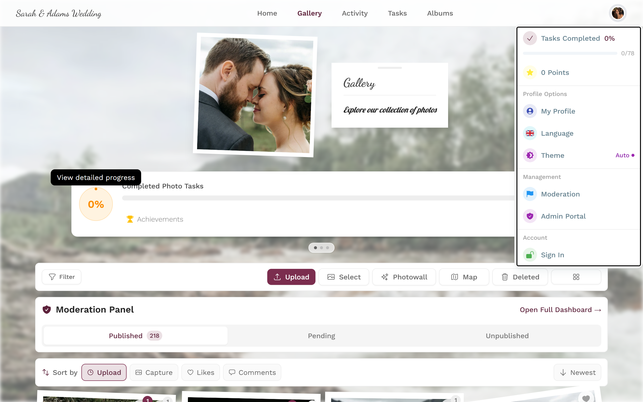 Profile menu in the top right with the Moderation entry