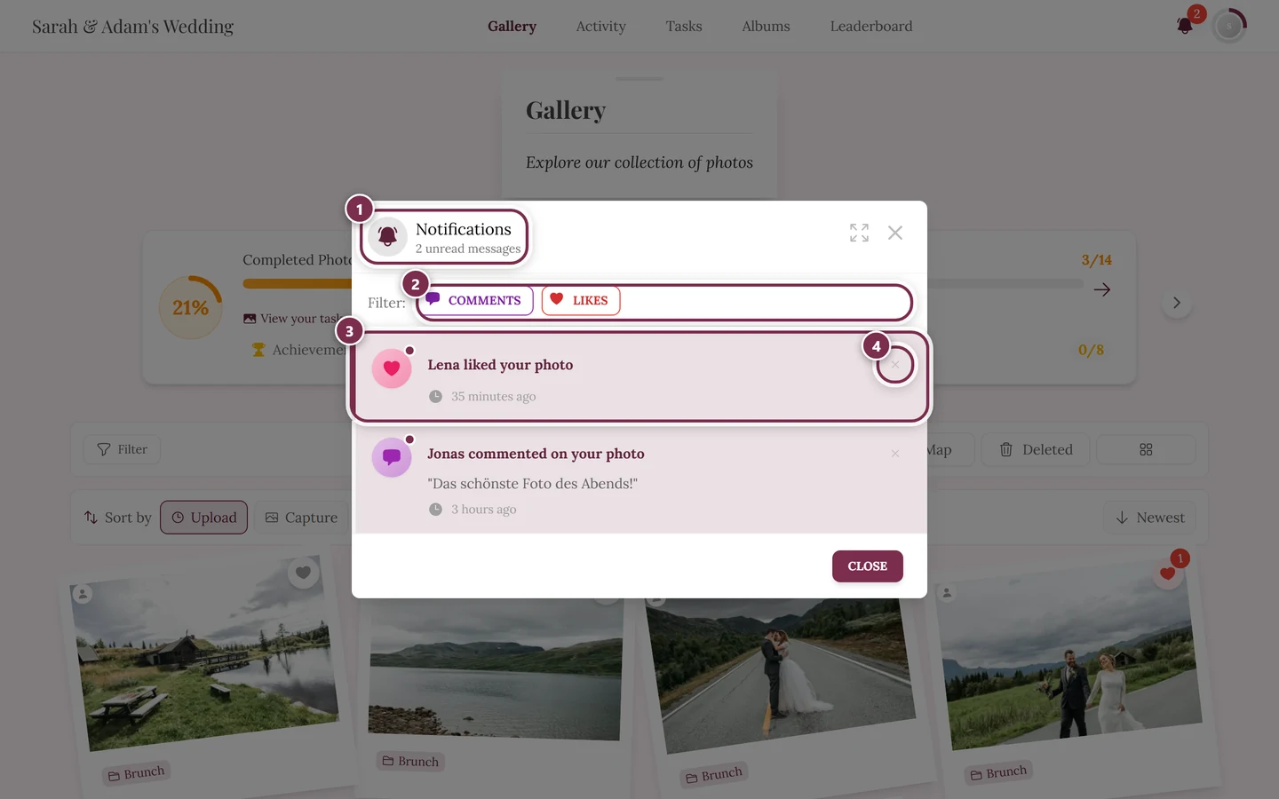 Notifications dialog with four markers: header, filter, item, delete