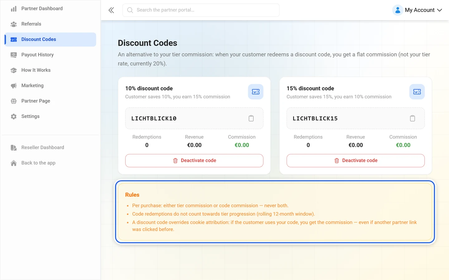 Highlighted Rules box listing the three rules on code and tier commission