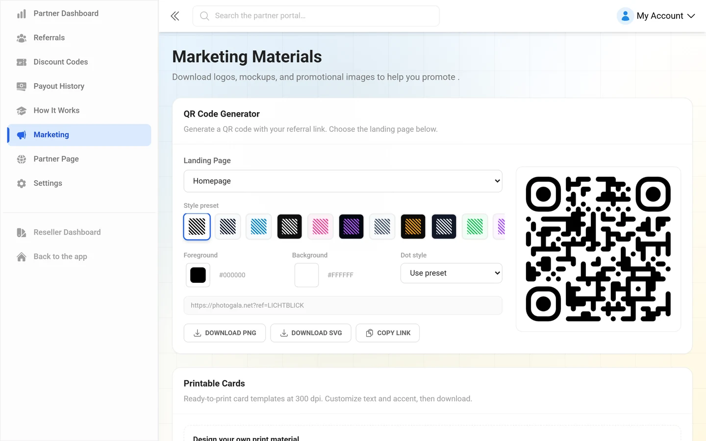 Marketing materials page with the QR code generator and the printable cards