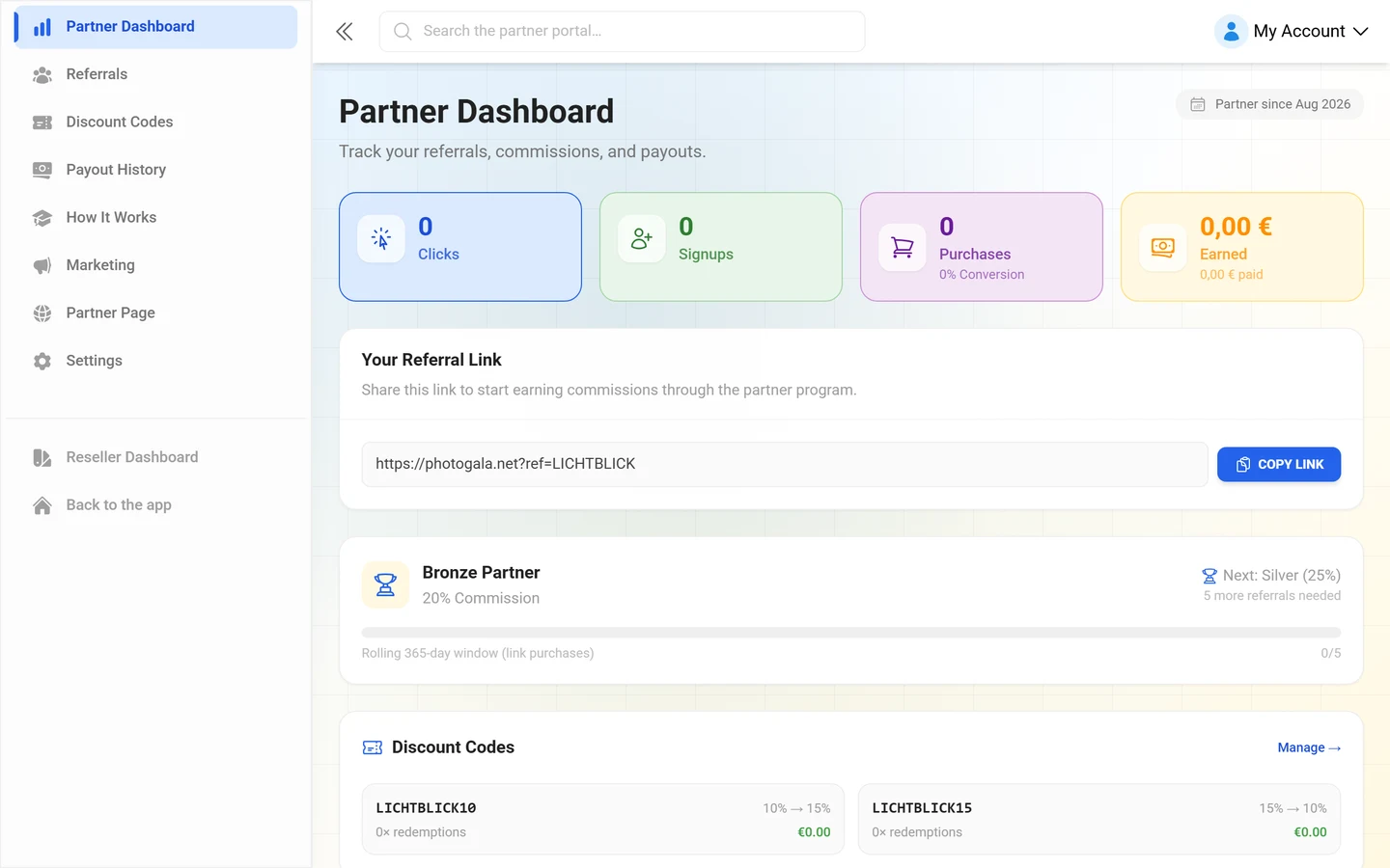 Affiliate dashboard with key figures and referral link