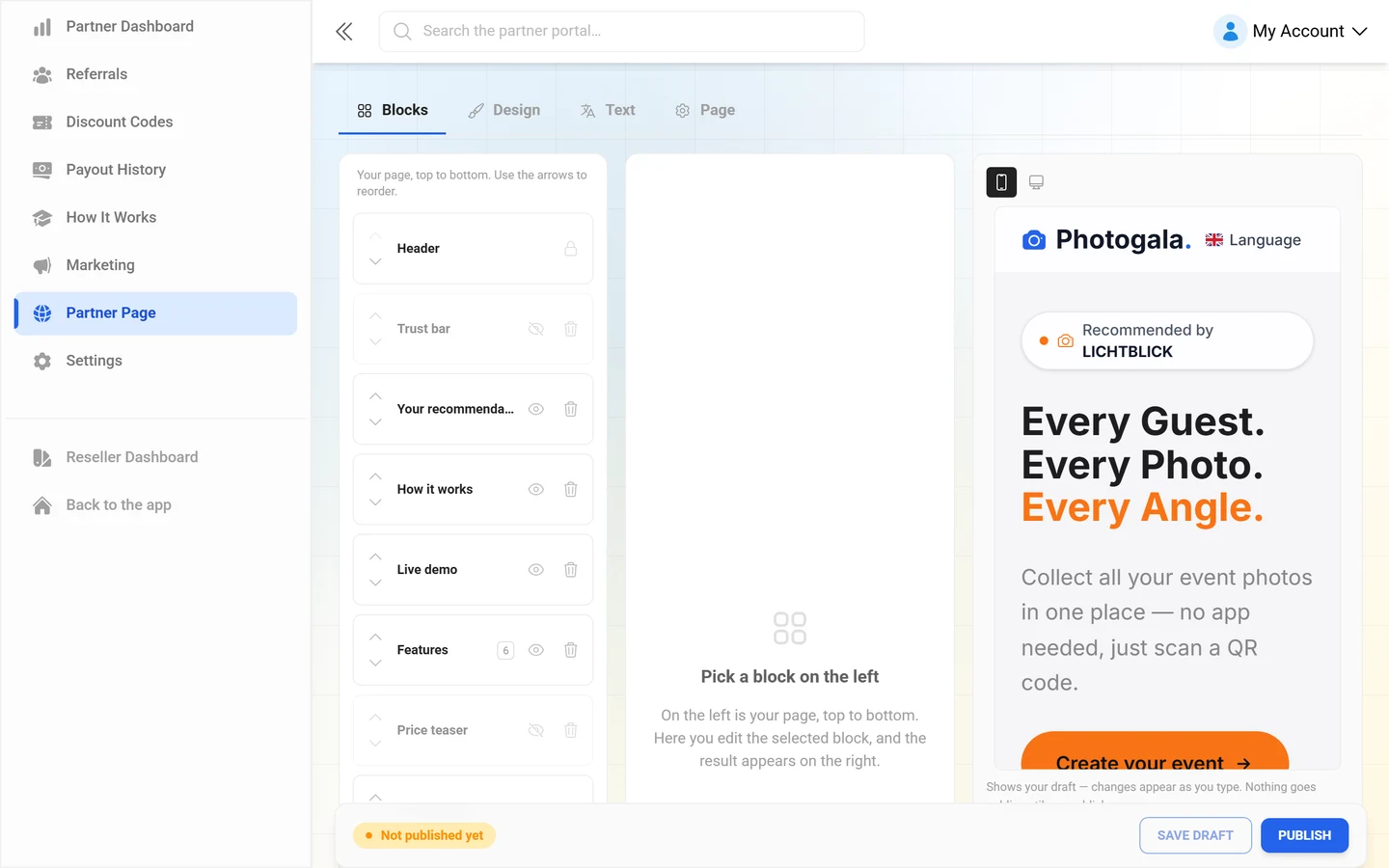 Partner page editor with the block list, the middle field column and the live preview