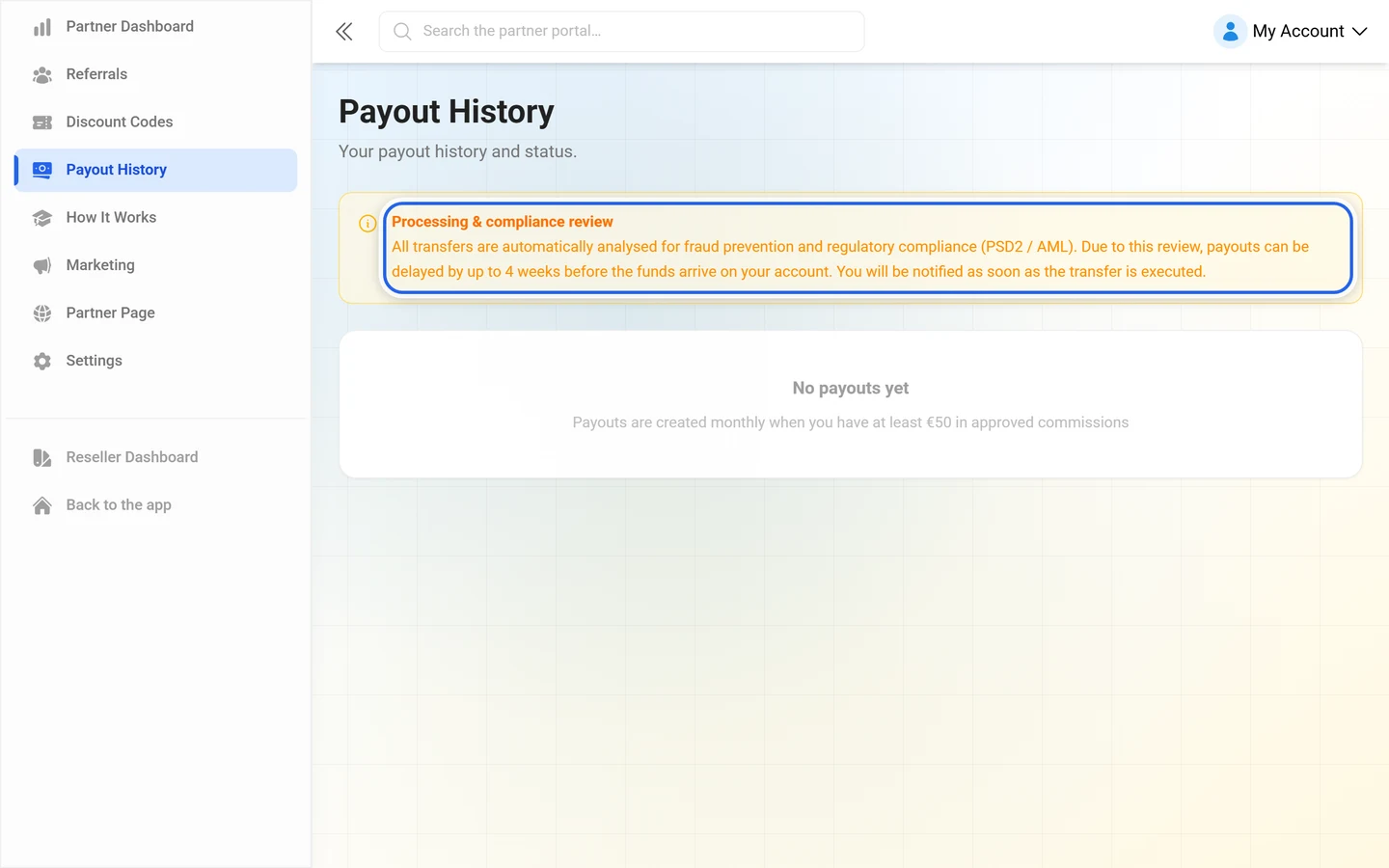 Payouts page with the Processing and compliance review notice highlighted above the history