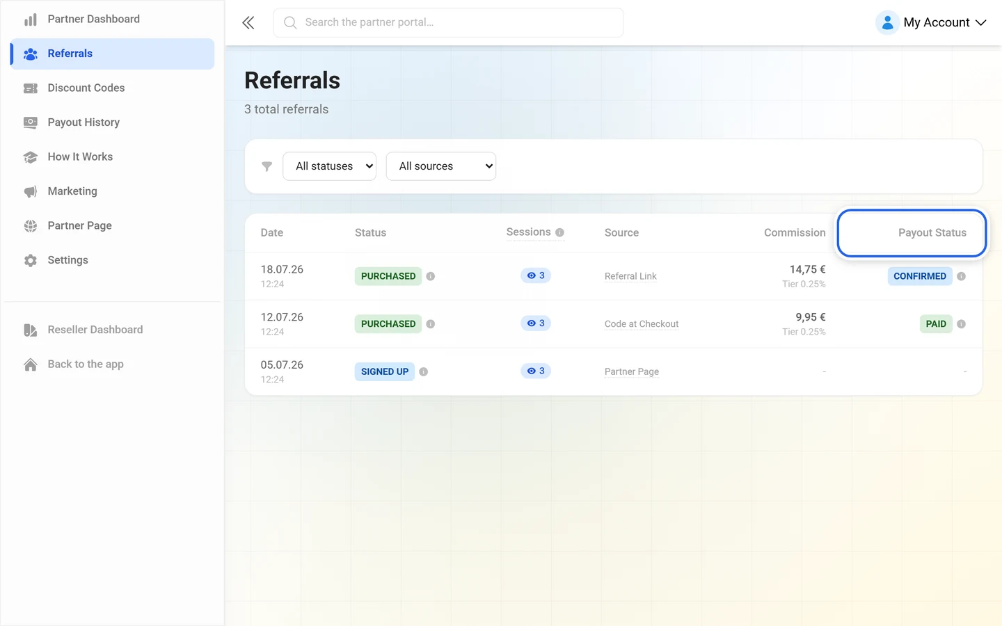 Referral table with the Payout Status column highlighted