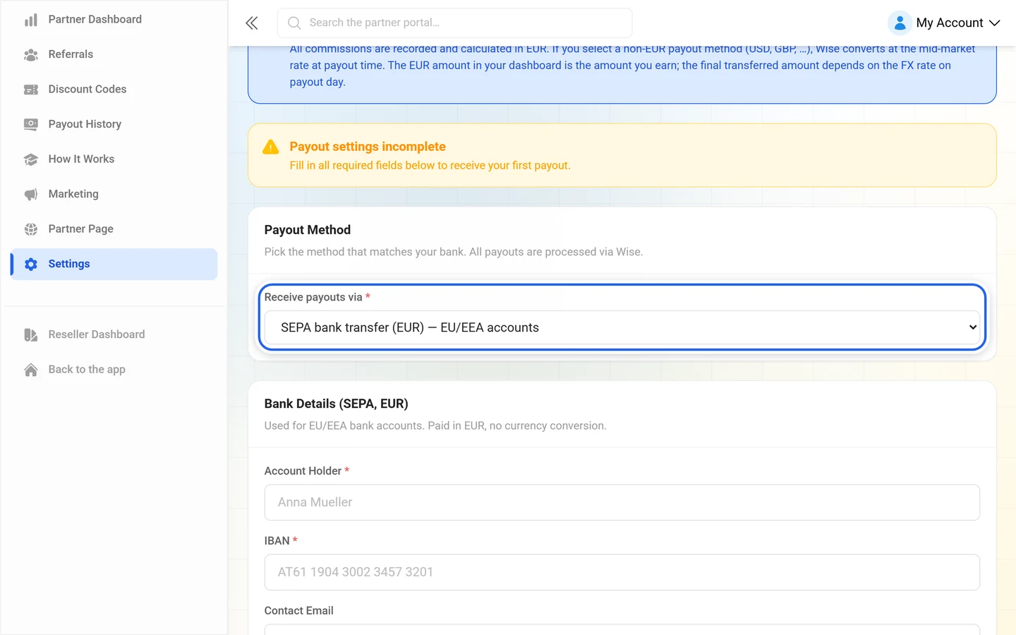 Payout settings with the Receive payouts via selector highlighted, account fields blurred