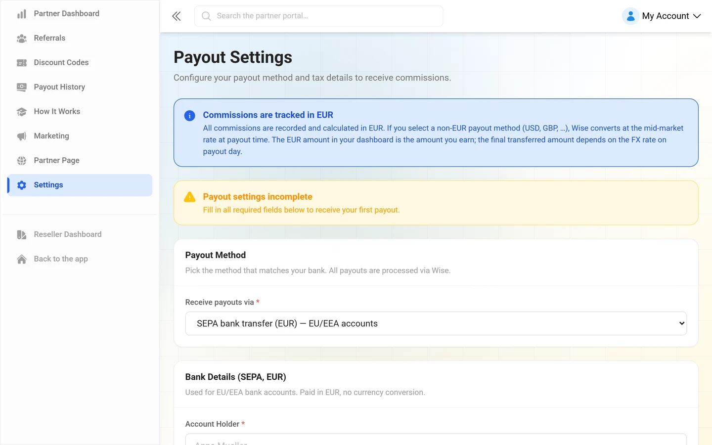 Payout settings and tax details in the partner portal