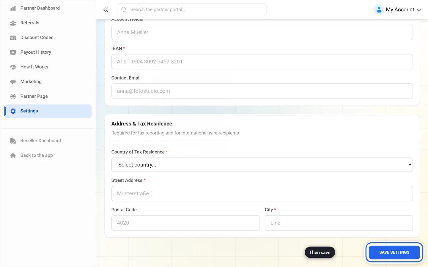 Bottom of the payout settings with the Save Settings button highlighted