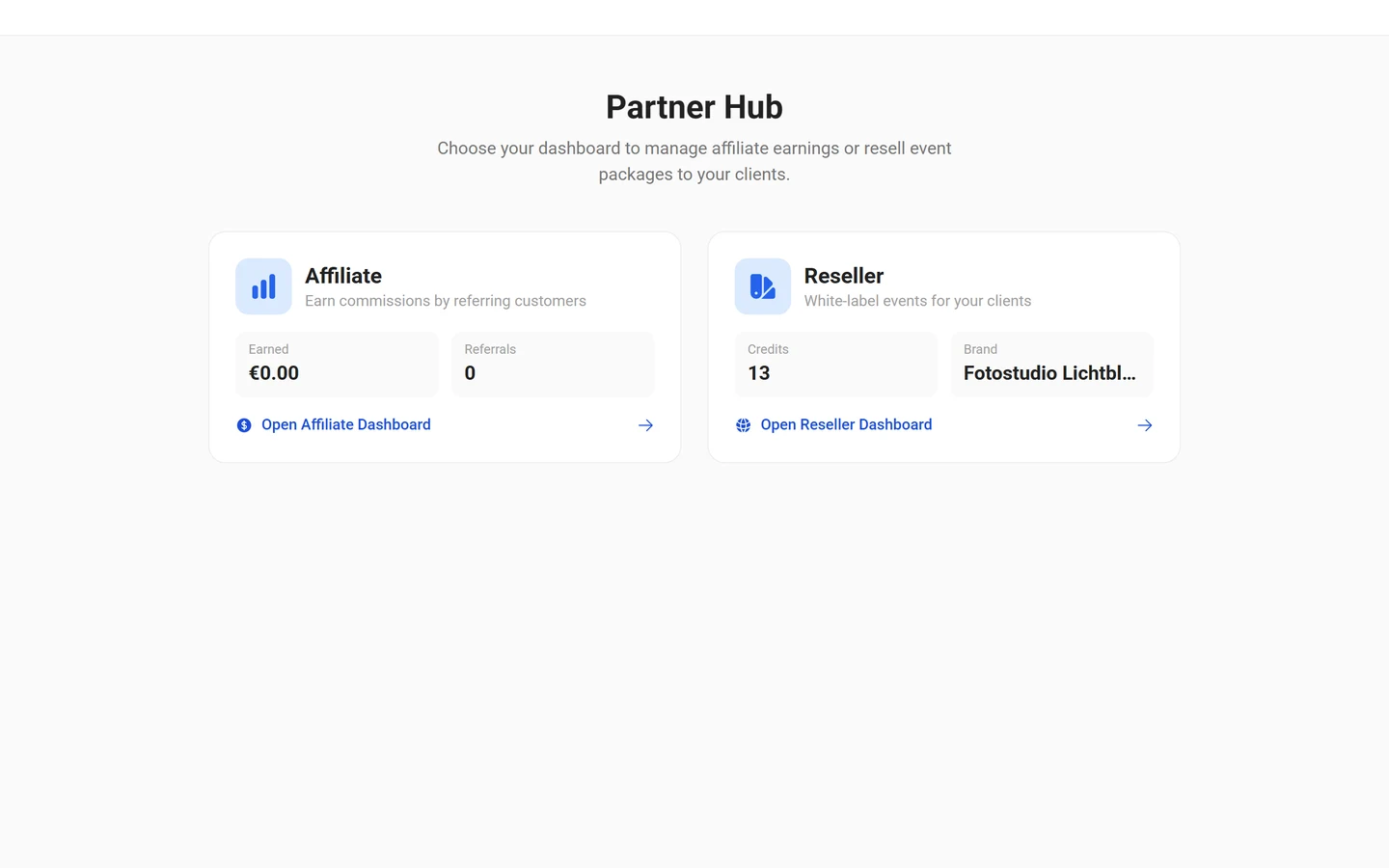 Partner portal with the choice between affiliate and reseller