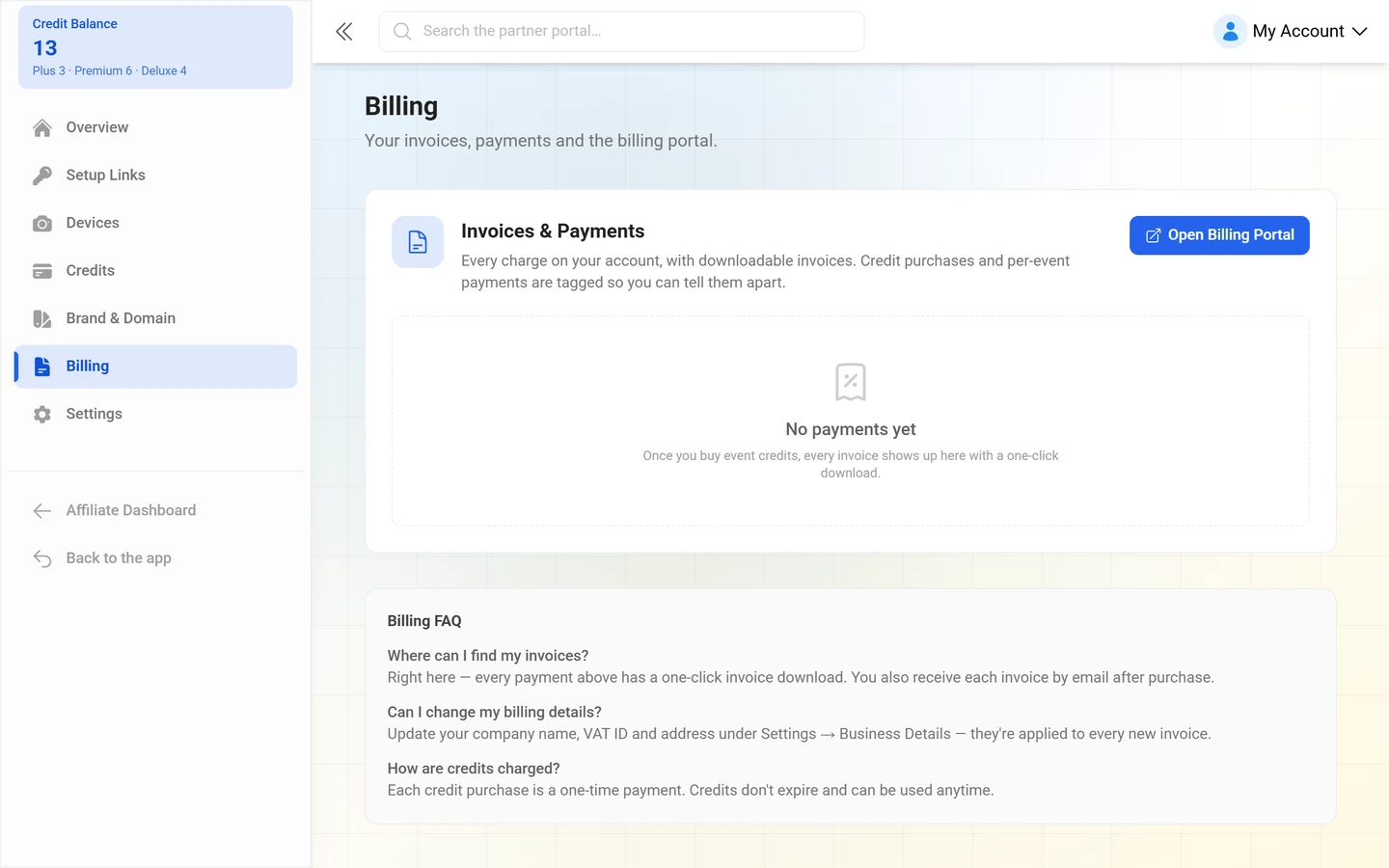 Billing page with the Invoices & Payments list