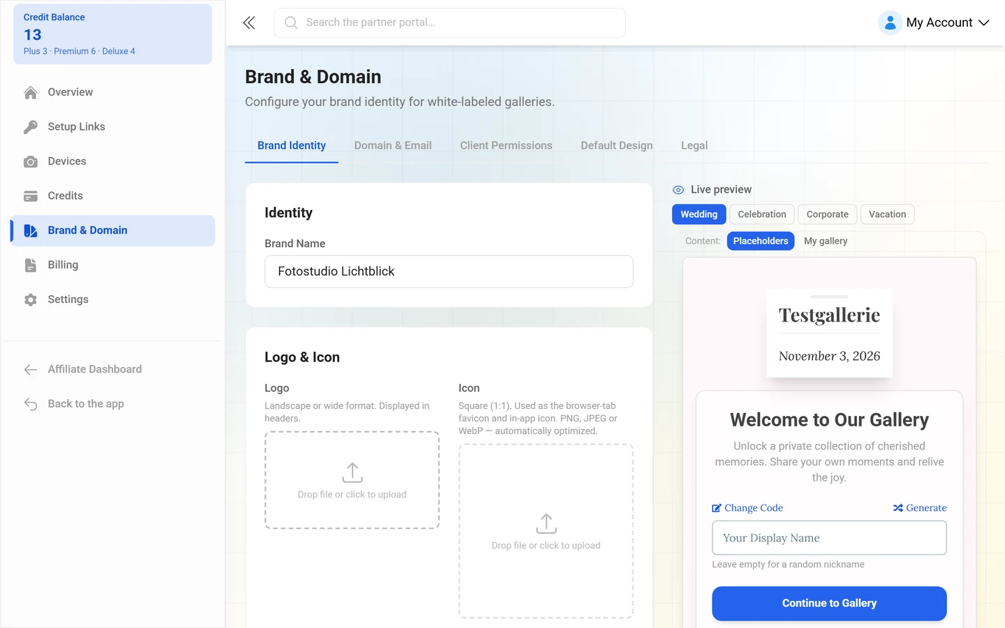 Brand settings of the reseller portal with its five tabs