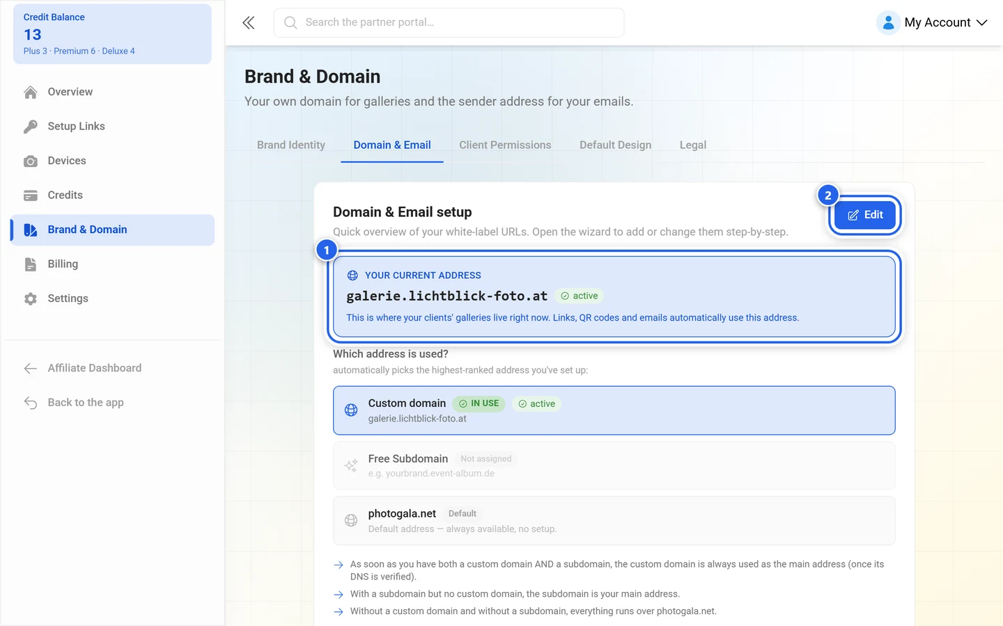 Top of the Domain and Email tab with the address tile and the setup button highlighted