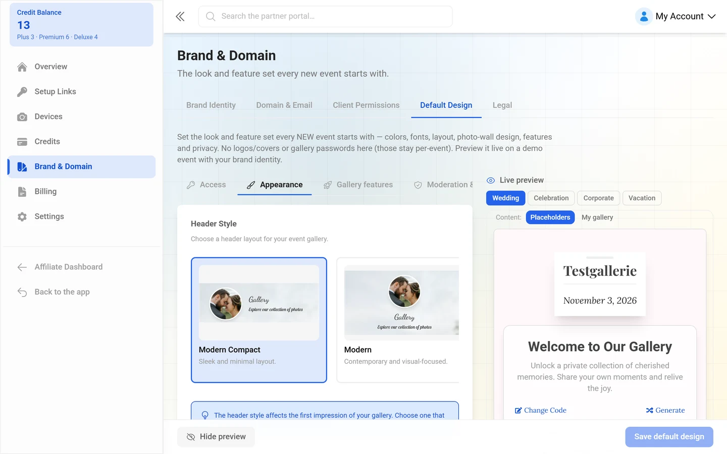 Default design tab with style, photo wall and privacy defaults