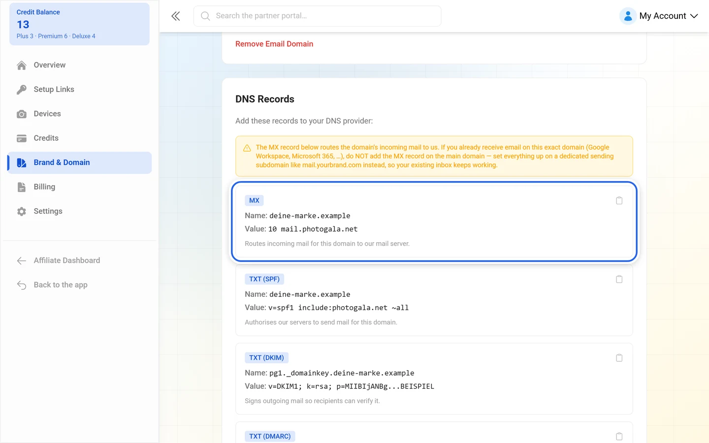 DNS records for branded email with the MX record highlighted