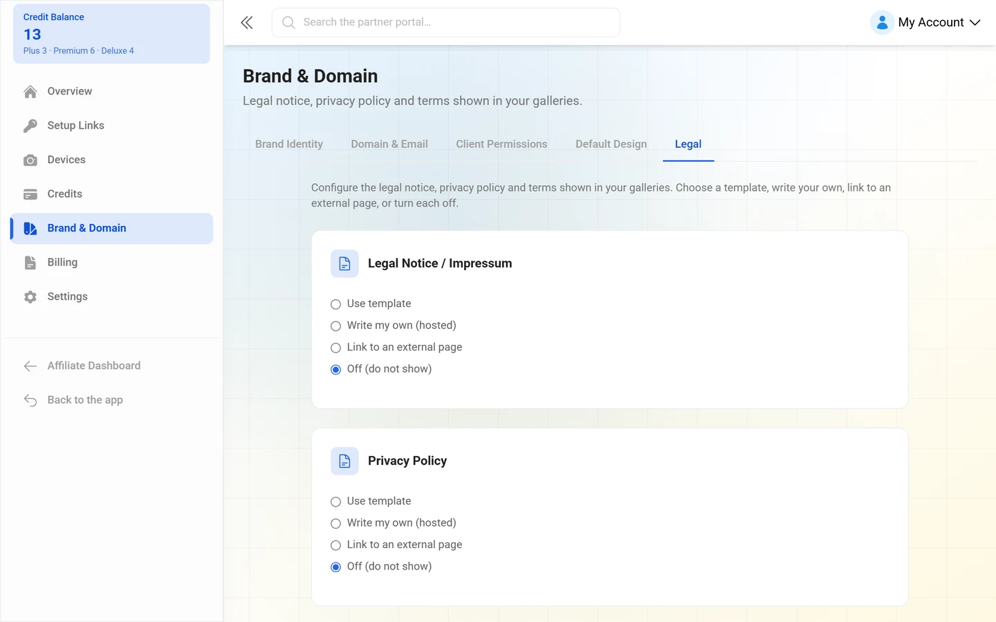 Legal tab of the brand settings