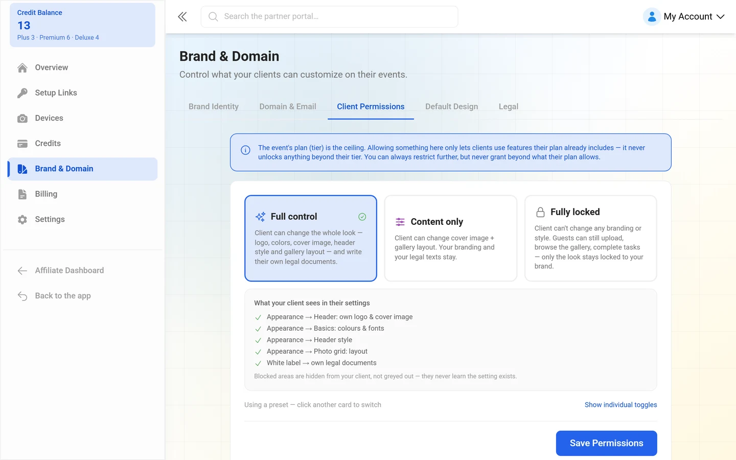 Client permissions tab with a switch per area