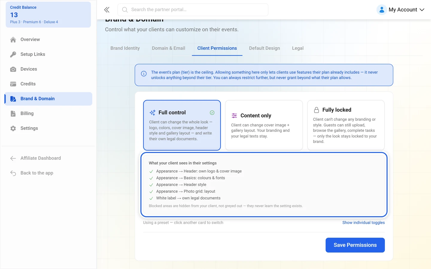 Box titled What your client sees in their settings with a tick and cross list