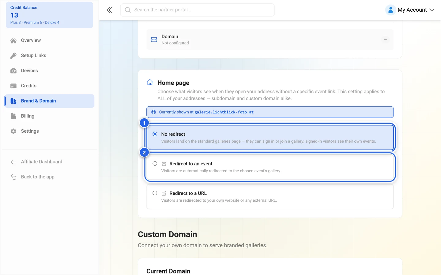Home page section with the No redirect and Redirect to an event options highlighted