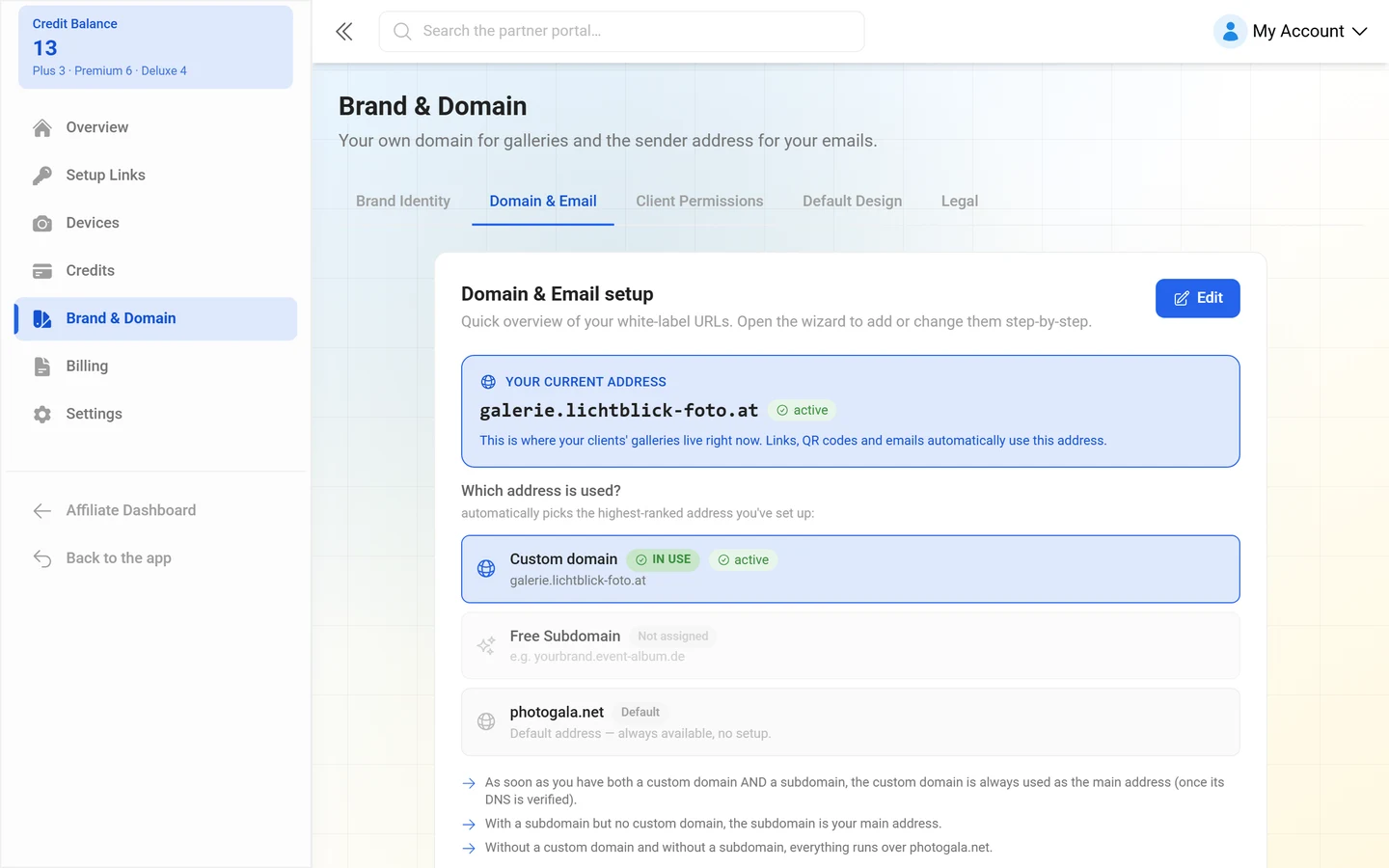 Domain and email tab of the brand settings