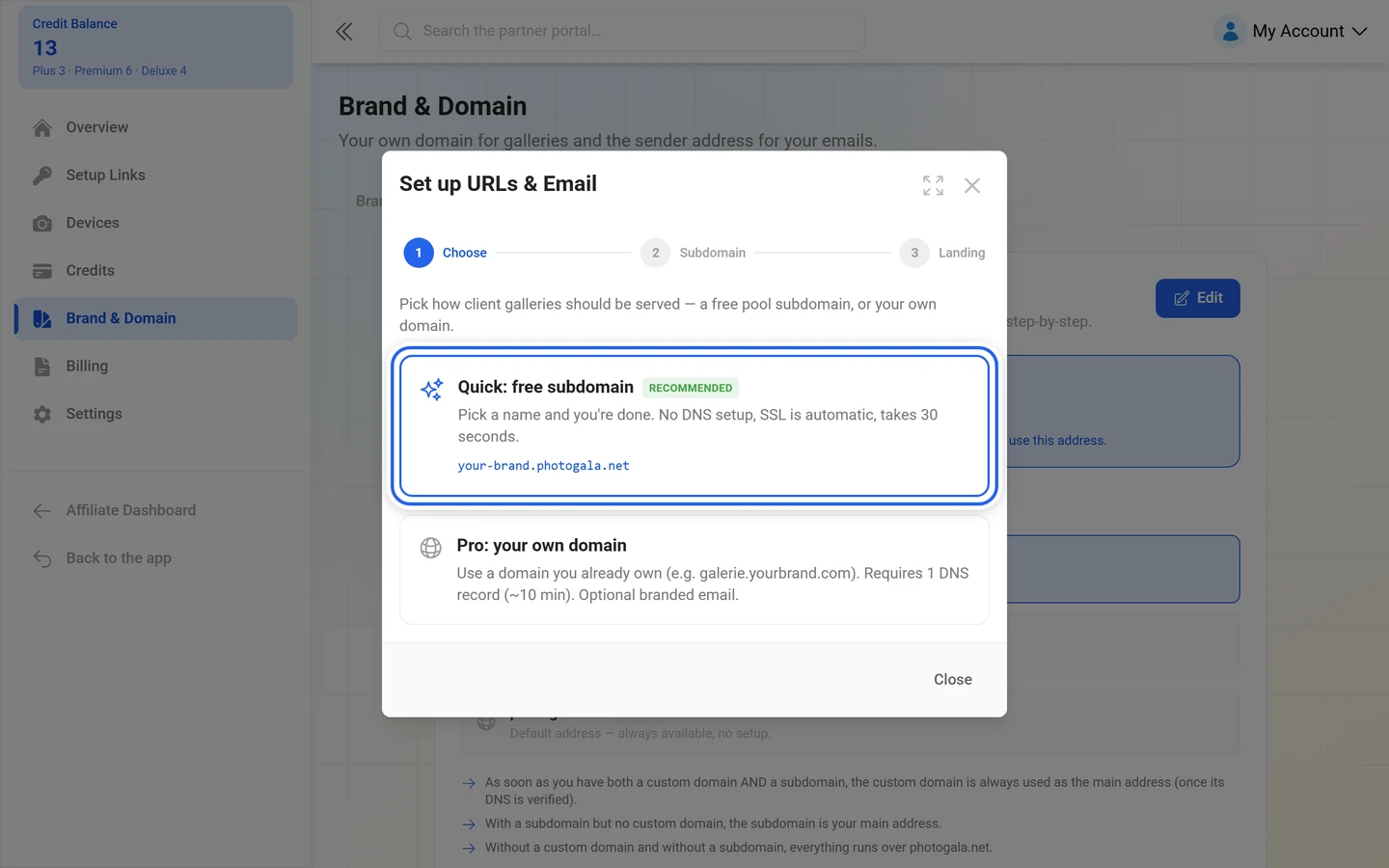 First step of the URL wizard with the Quick free subdomain tile highlighted