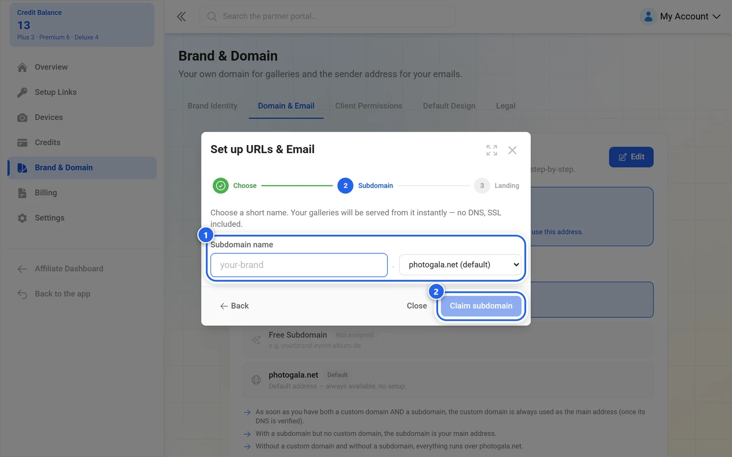 Wizard subdomain step with the name field and the Claim subdomain button highlighted