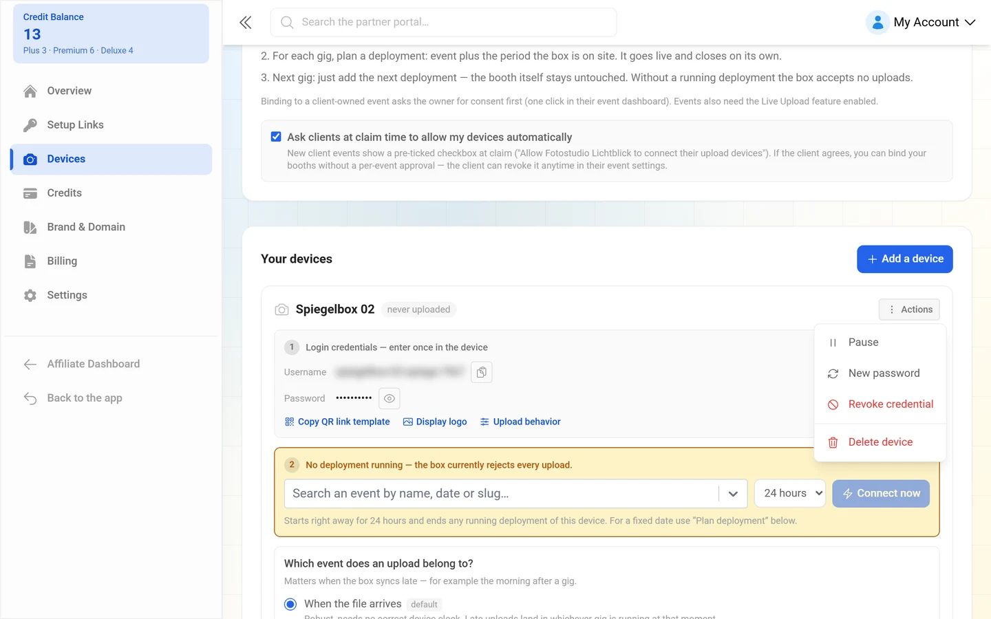 Open Actions menu with Pause, New password, Revoke credential and Delete device