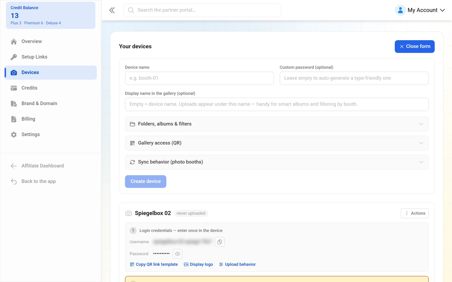 Expanded form with device name, custom password, display name and the three upload-behaviour groups