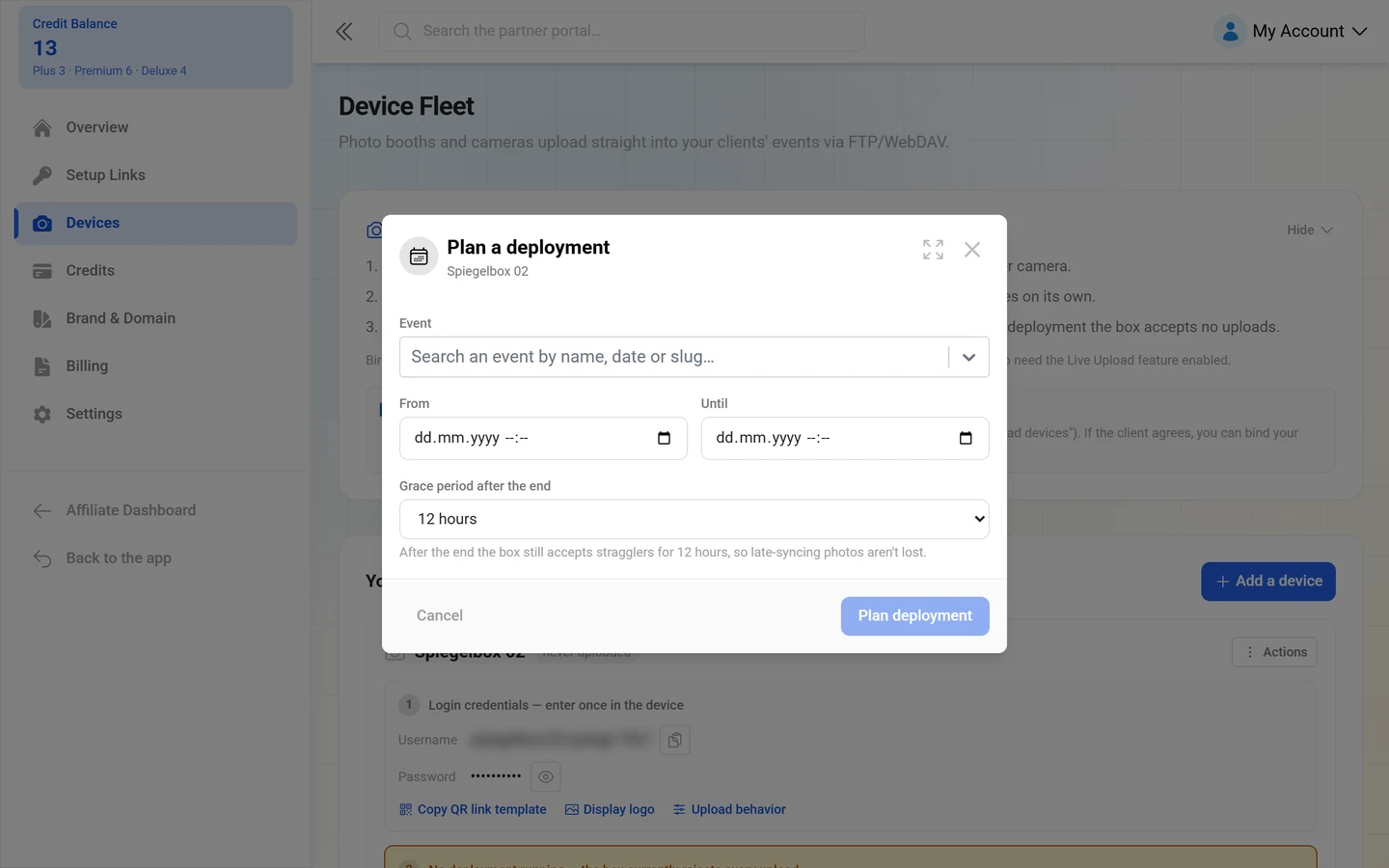“Plan a deployment” dialog with event search, From, Until and the grace-period selector
