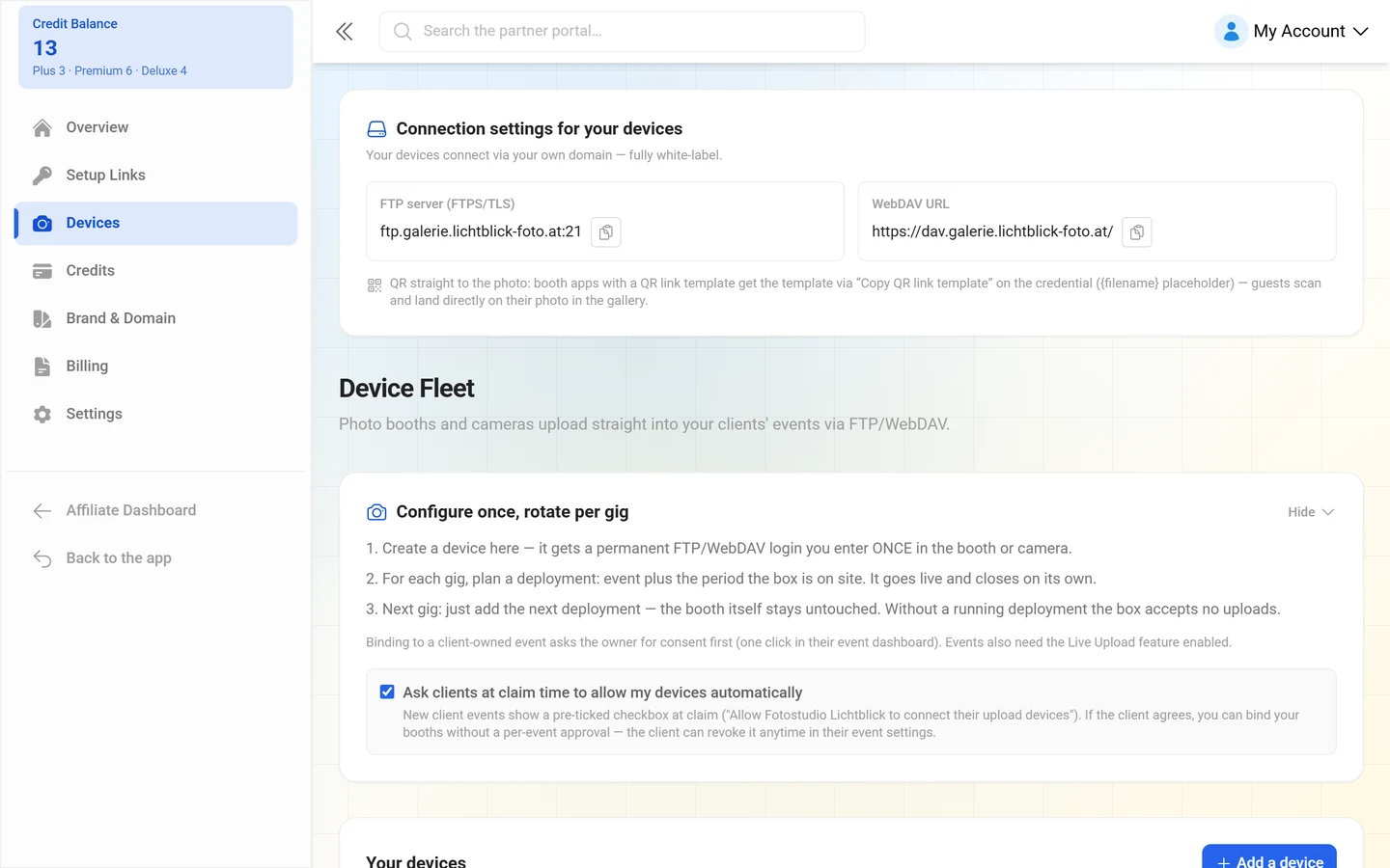 Card showing the FTP server and WebDAV URL of your own brand