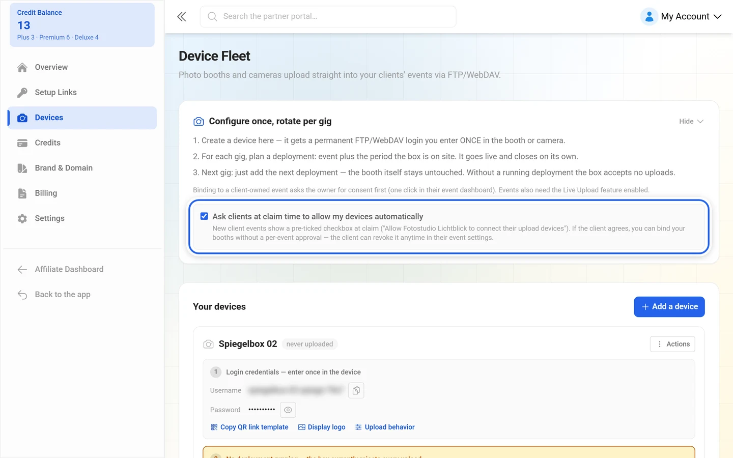 Highlighted checkbox Ask clients at claim time to allow my devices automatically
