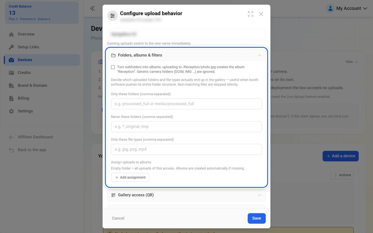 Configure upload behavior dialog with the Folders, albums and filters group highlighted